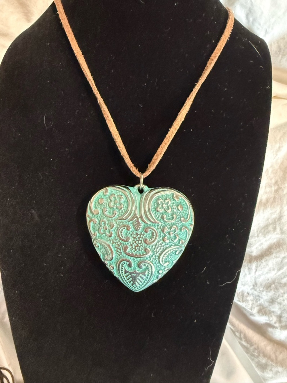 Heart Pendant Necklace - Turquoise Patina on Tan Suede Cord
